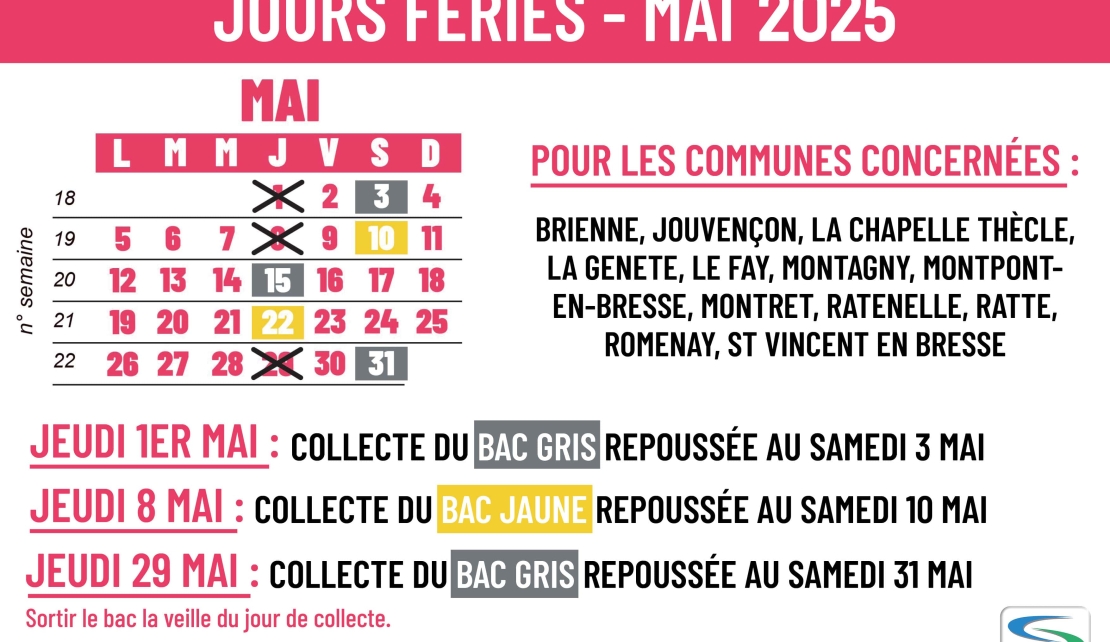 JOURS FÉRIÉS DU MOI DE MAI : COLLECTES REPOUSSÉES